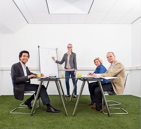 Small business meeting, with four people in a small stylish conference room with grass on the floor, discussing strategy, growth, sustainability and environmental inpact of business,